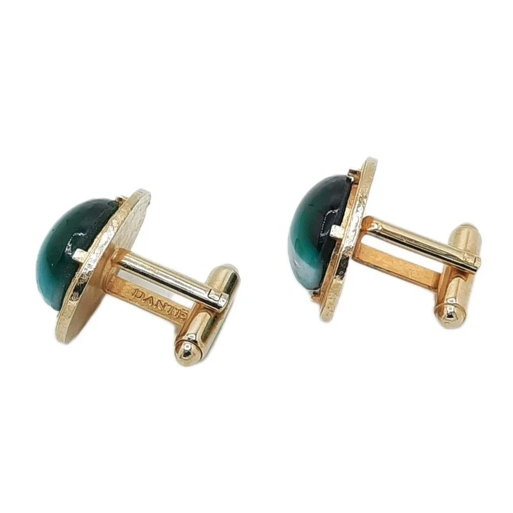 Vintage DANTE Cufflinks Green White Swirl Cats Eye Oval Cabochon Gold Tone